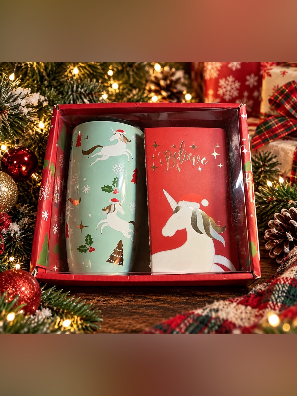 Christmas Unicorn Lidded Ceramic Mug & Notebook Set